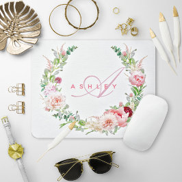 Roze botanisch Roos & Peony Wreatname Monogram Muismat