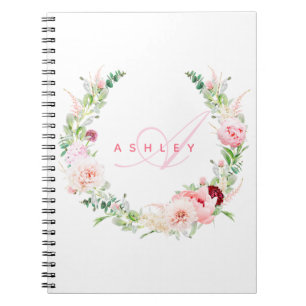 Roze botanisch Roos & Peony Wreatname Monogram Notitieboek