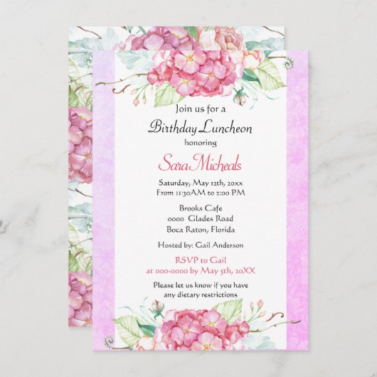  Roze Botanische Birthday Luncheon Kaart (Voorkant / Achterkant)