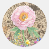 Roze botanische bloem,  kranten ronde sticker (Voorkant)