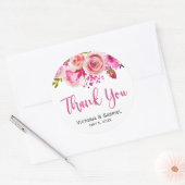Roze Botanische Bloemen Bruiloft Dank u Ronde Sticker (Envelop)