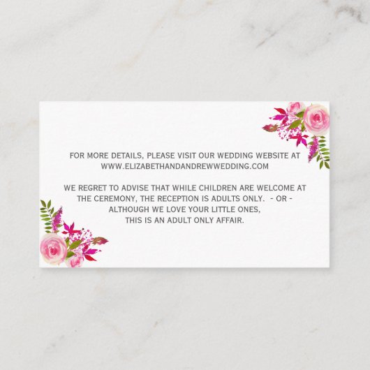 Roze Botanische Bloemen Bruiloft Details Info Informatiekaartje (Achterkant)