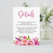 Roze Botanische Bloemen Bruiloft Details Info Informatiekaartje (Staand voorkant)