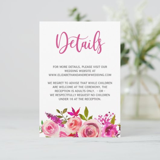 Roze Botanische Bloemen Bruiloft Details Info Informatiekaartje (Staand voorkant)