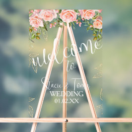 Roze Botanische Bloemen Gouden Bruiloft Acryl Bord