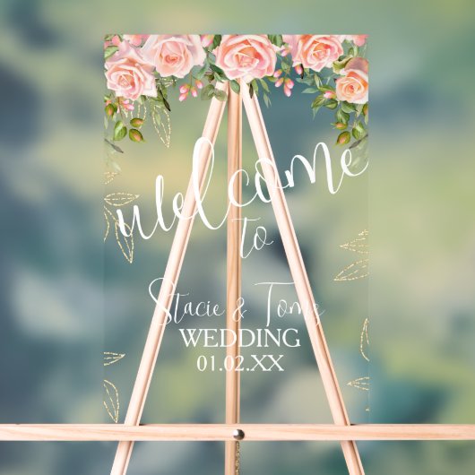 Roze Botanische Bloemen Gouden Bruiloft Acryl Bord (Neutraal)