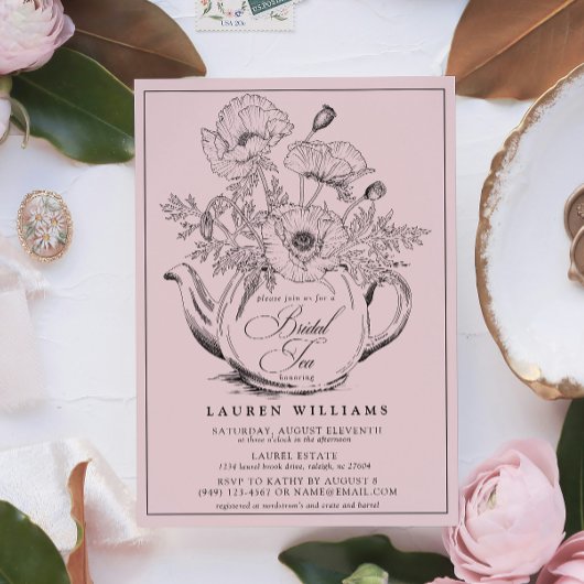 Roze botanische bridale thea Calligrafie Kaart