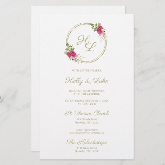 Roze botanische Initialen Elegant Wreatding Pic (Voorkant / Achterkant)