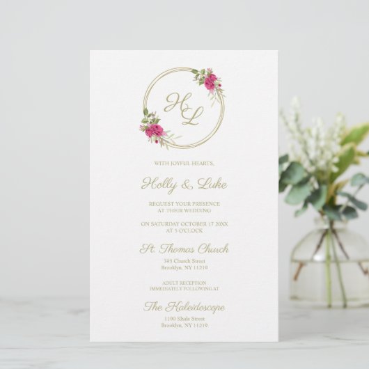 Roze botanische Initialen Elegant Wreatding Pic (Staand voorkant)