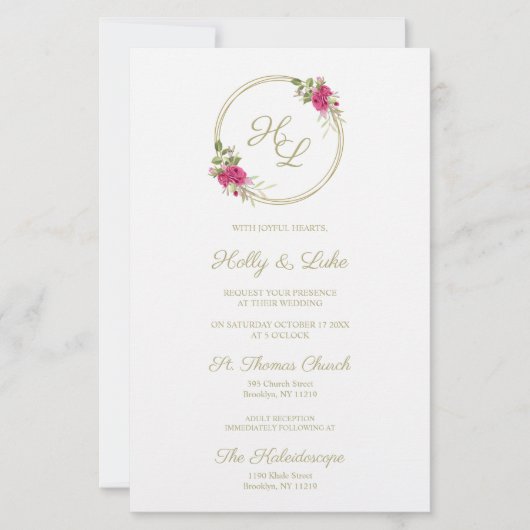 Roze botanische Initialen Elegant Wreatding Pic (Voorkant)