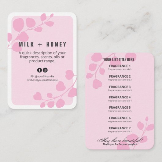 Roze botanische Kaarten van de productprijslijst Visitekaartje (Voorkant / Achterkant)