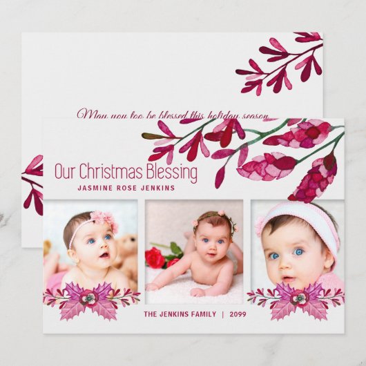 Roze botanische kerstzegeningen 3 Foto's Feestdagenkaart (Voorkant / Achterkant)