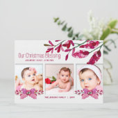 Roze botanische kerstzegeningen 3 Foto's Feestdagenkaart (Staand voorkant)