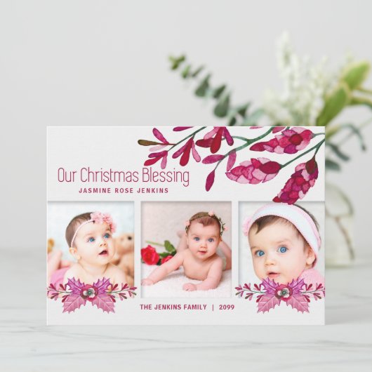 Roze botanische kerstzegeningen 3 Foto's Feestdagenkaart (Staand voorkant)