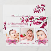 Roze botanische kerstzegens 3 foto's feestdagenkaart (Voorkant / Achterkant)