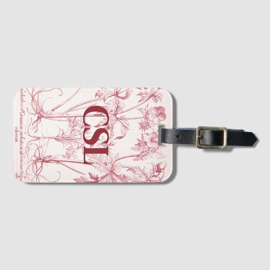 Roze Botanische Kunst Monogram Bagagelabel (Voorkant (horizontaal))