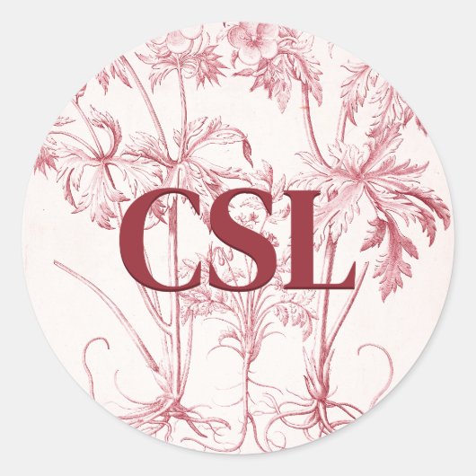 Roze  Botanische Kunst Monogram Ronde Sticker (Voorkant)