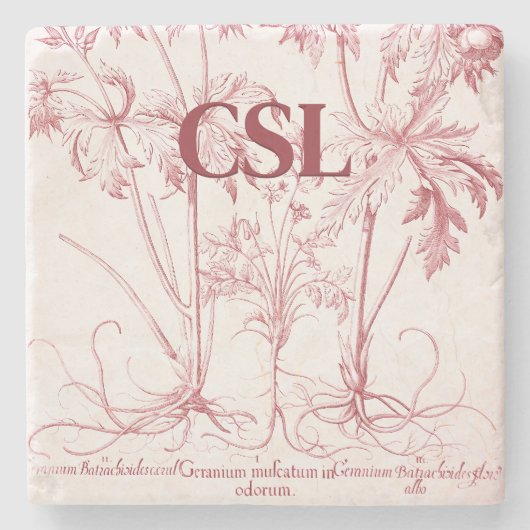 Roze  Botanische Kunst Monogram Stenen Onderzetter (Voorkant)