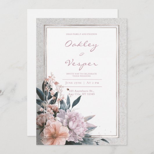 Roze Botanische Lijst bruiloft Kaart (Voorkant / Achterkant)