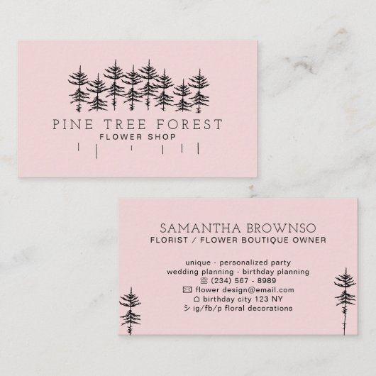 Roze botanische pijnboombos visitekaartje (Voorkant / Achterkant)