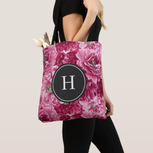 Roze botanische pioenrozen patroon bruidsmeisje mo tote bag (Dichtbij)