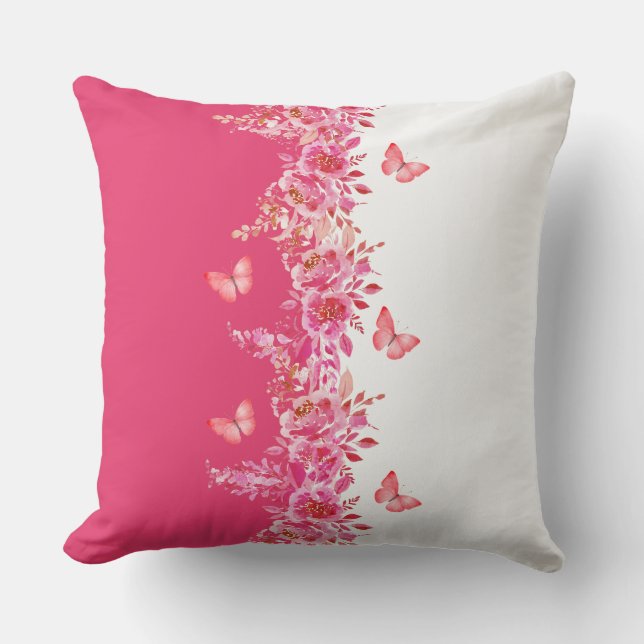 Roze Botanische Vlinder  Kussen (Voorkant)