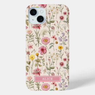 Roze Botanische Waterverf Bloemnaam iPhone 15 Mini Hoesje