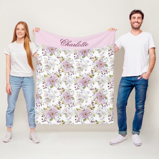 Roze botanische wilde bloem monogram naam fleece deken (In situ)