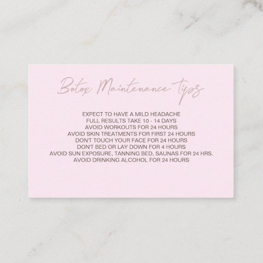 Roze Botox Filler Instruction Card Visitekaartje (Achterkant)