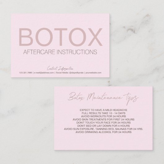 Roze Botox Filler Instruction Card Visitekaartje (Voorkant / Achterkant)