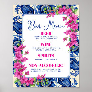 Roze Bougainvillea Blauwe Tegel Bar Bord Poster