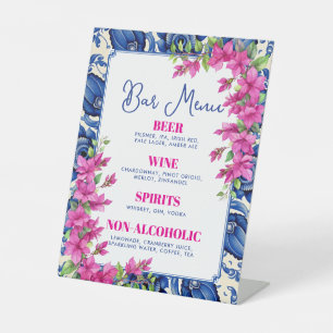 Roze Bougainvillea Blauwe Tegel Bar Sign Reclamebord Met Voetstuk
