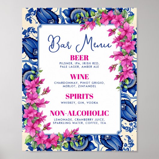 Roze Bougainvillea Blauwe Tegel Bar Teken Poster (Voorkant)
