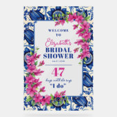 Roze Bougainvillea Blauwe Tegel Vrijgezellenfeest  Acryl Bord (Voorkant)