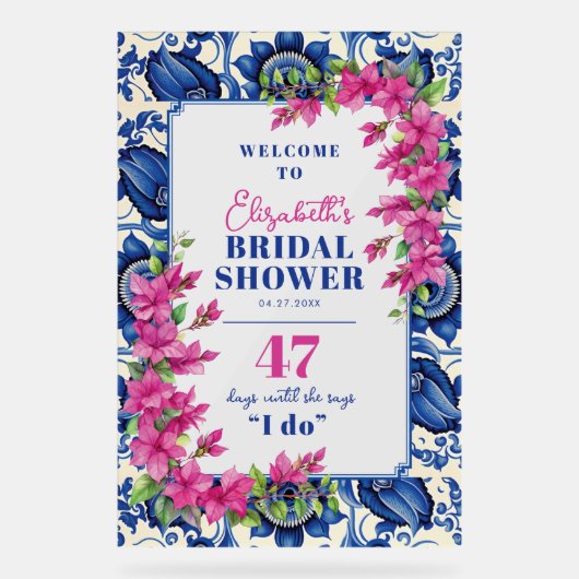 Roze Bougainvillea Blauwe Tegel Vrijgezellenfeest  Acryl Bord (Voorkant)