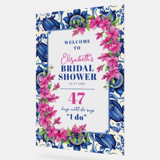 Roze Bougainvillea Blauwe Tegel Vrijgezellenfeest  Acryl Bord (Hoek)