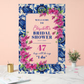 Roze Bougainvillea Blauwe Tegel Vrijgezellenfeest  Acryl Bord (Huwelijk)