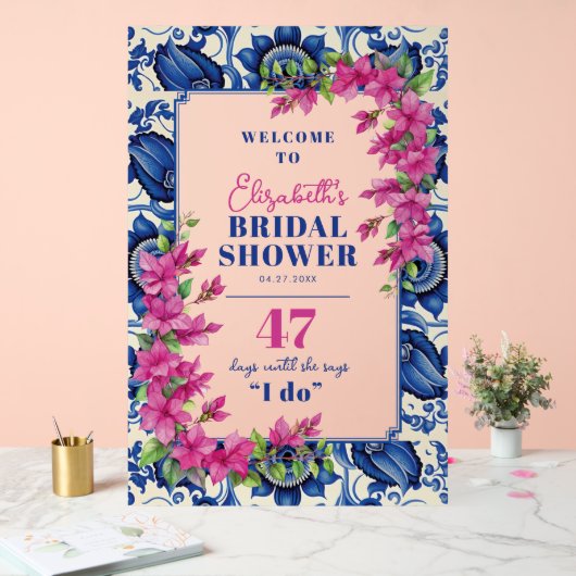 Roze Bougainvillea Blauwe Tegel Vrijgezellenfeest  Acryl Bord (Huwelijk)