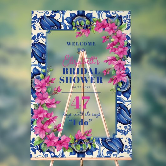 Roze Bougainvillea Blauwe Tegel Vrijgezellenfeest  Acryl Bord (Neutraal)