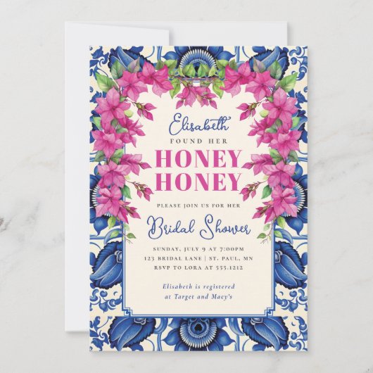 Roze Bougainvillea Blauwe Tegel Vrijgezellenfeest Kaart (Voorkant)