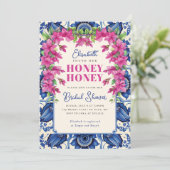 Roze Bougainvillea Blauwe Tegel Vrijgezellenfeest Kaart (Staand voorkant)