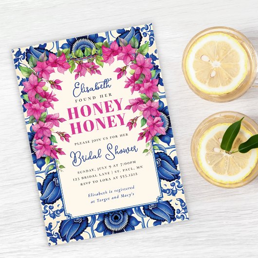 Roze Bougainvillea Blauwe Tegel Vrijgezellenfeest Kaart