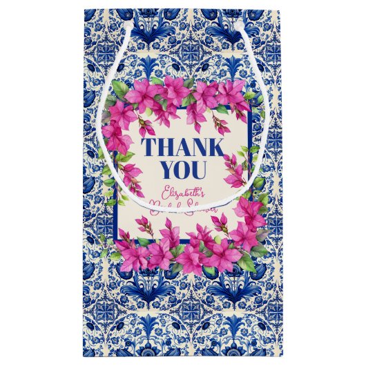 Roze Bougainvillea Blauwe Tegel Vrijgezellenfeest Klein Cadeauzakje (Achterkant)