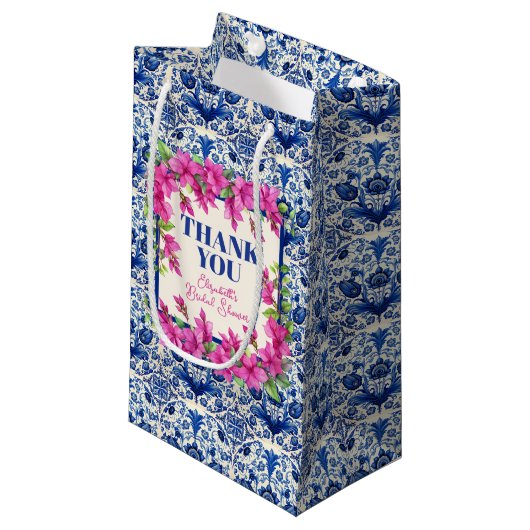 Roze Bougainvillea Blauwe Tegel Vrijgezellenfeest Klein Cadeauzakje (Voorkant Gekanteld)