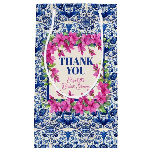 Roze Bougainvillea Blauwe Tegel Vrijgezellenfeest Klein Cadeauzakje (Voorkant)