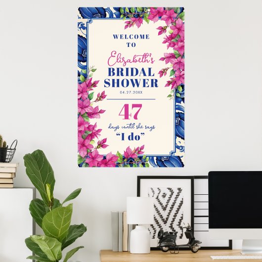 Roze Bougainvillea Blauwe Tegel Vrijgezellenfeest  Poster (Thuiskantoor)