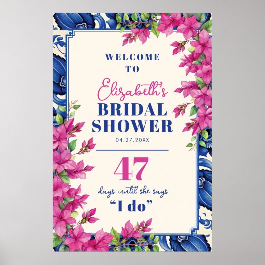 Roze Bougainvillea Blauwe Tegel Vrijgezellenfeest Poster (Voorkant)