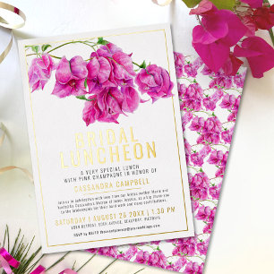 Roze bougainvillea goud roze witte bruiloftslunch folie uitnodiging