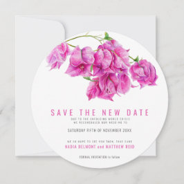 Roze bougainvillea redt de nieuwe date trouwronde save the date