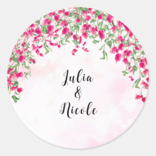 Roze Bougainvillea Tropisch Bos Bruiloft Feest Ronde Sticker